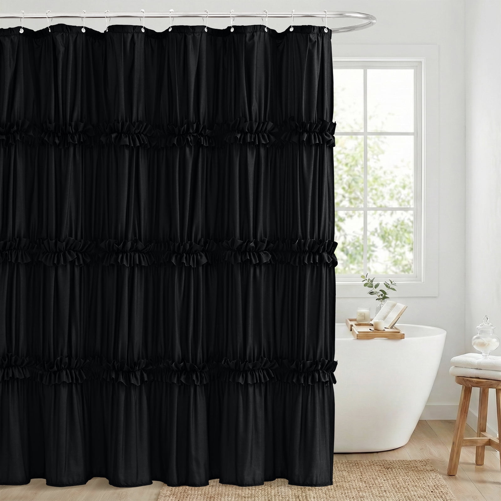 Seasonwood Ruffle Shower Curtain,Black Tiered Fabric Bathroom Curtain for Farmhouse Decor,72 x 72 Inch