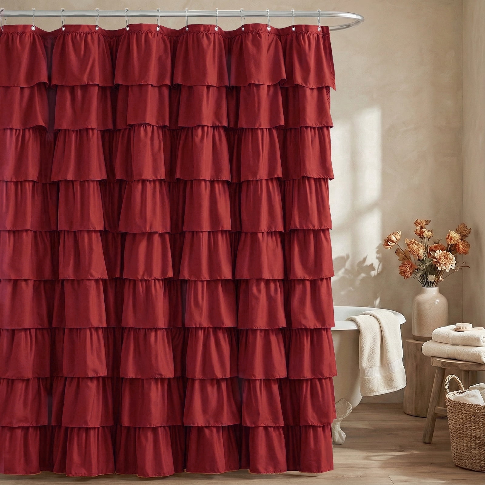Seasonwood Ruffle Shower Curtain,Burgundy Fabric Bathroom Curtain for Farmhouse Style,72" x 72"