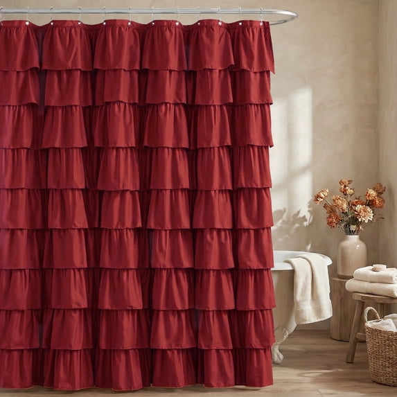Seasonwood Ruffle Shower Curtain,Burgundy Fabric Bathroom Curtain for Farmhouse Style,72" x 72"