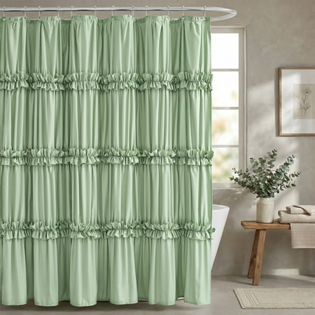 Seasonwood Ruffle Shower Curtain,Green Tiered Fabric Bathroom Curtain for Farmhouse Decor,72 x 72 Inch