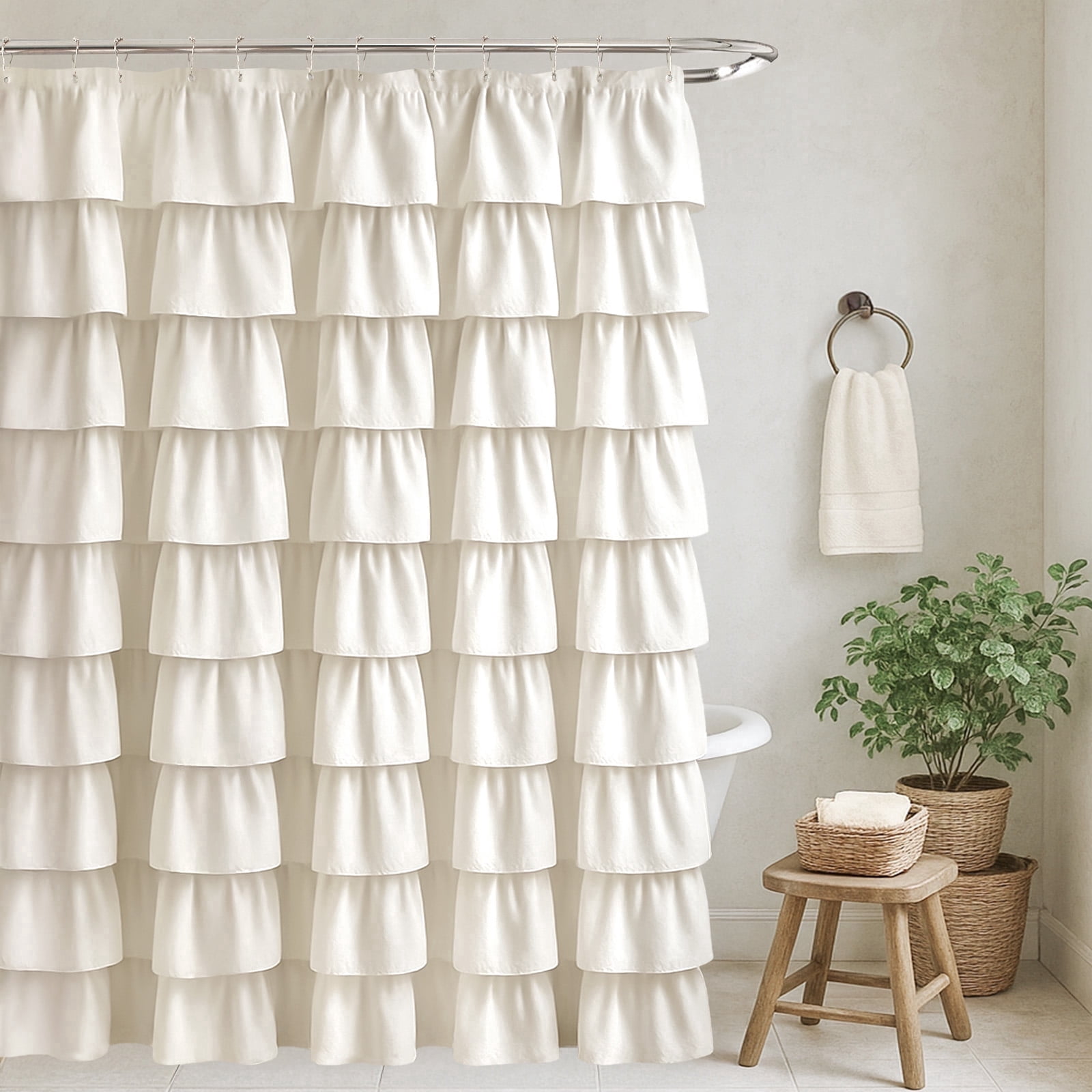 Seasonwood Ruffle Shower Curtain,Ivory Farmhouse Style Fabric Bathroom Curtain,36 x 72 Inch