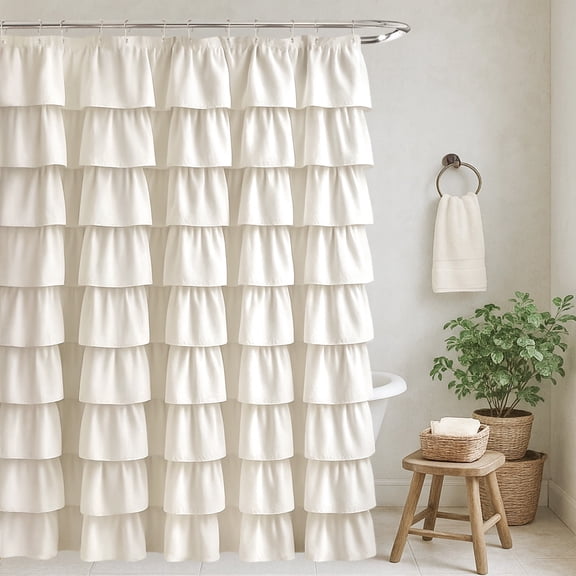 Seasonwood Ruffle Shower Curtain,Ivory Farmhouse Style Fabric Bathroom Curtain,72" x 72"