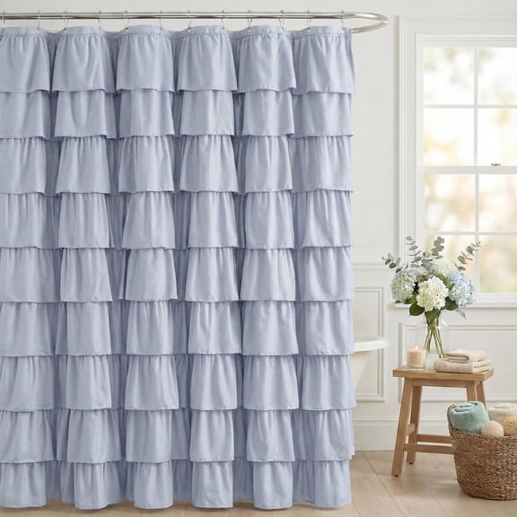 Seasonwood Ruffle Shower Curtain,MistBlue Fabric Bathroom Curtain for Farmhouse Style,72" x 72"