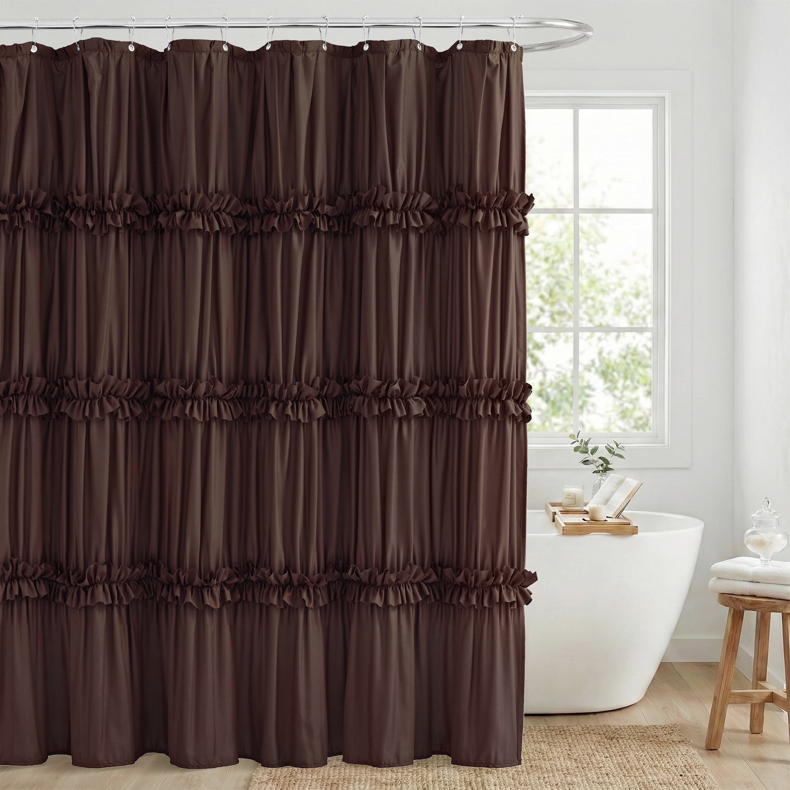 Seasonwood Ruffle Shower Curtain,Brown Tiered Fabric Bathroom Curtain for Farmhouse Decor,72 x 72 Inch