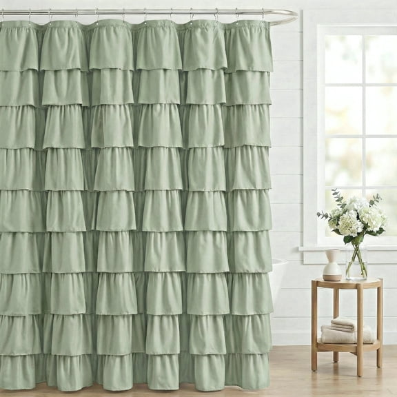 Seasonwood Ruffle Shower Curtain,SageGreen Fabric Bathroom Curtain for Farmhouse Style,72 x 72 Inch