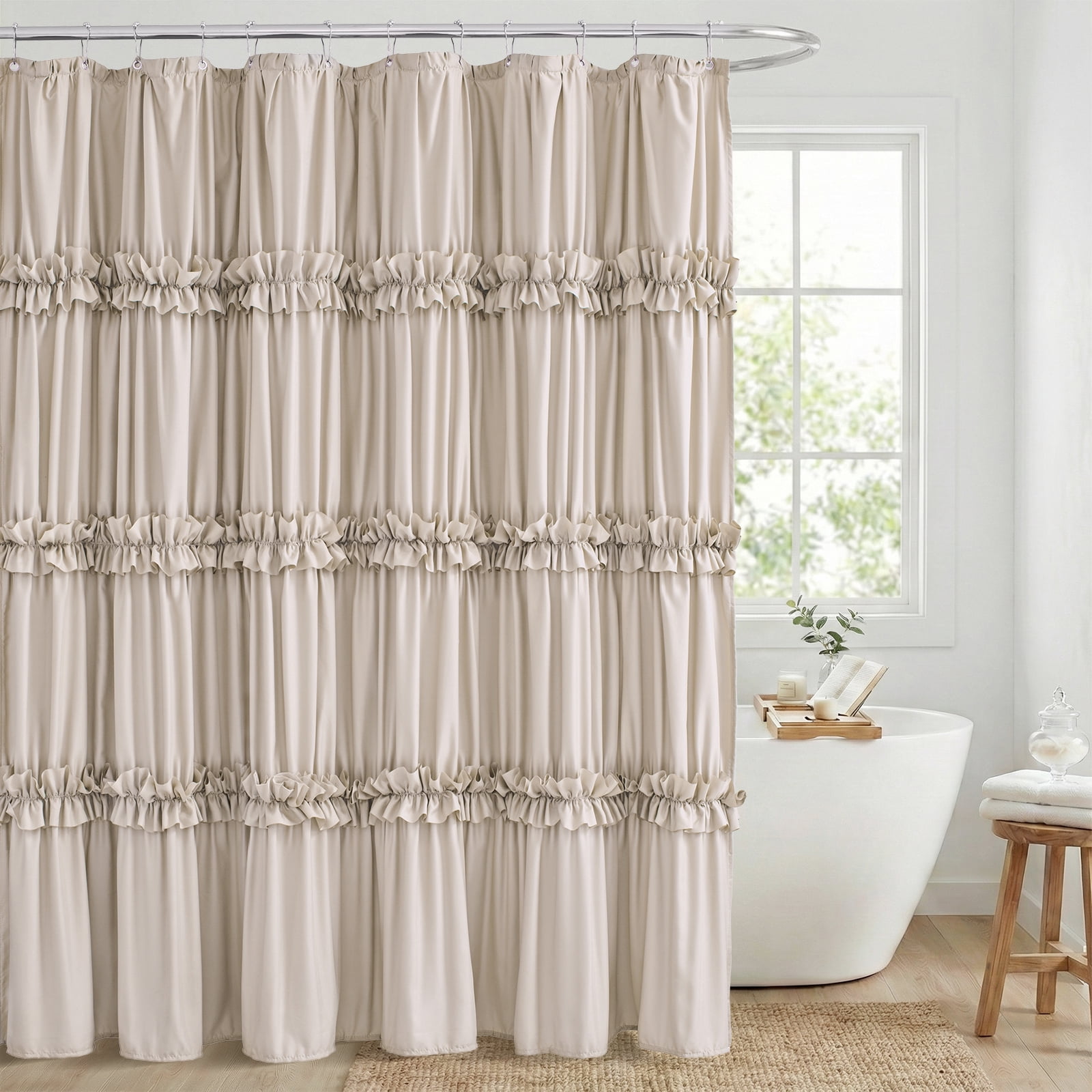 Seasonwood Ruffle Shower Curtain,Tiered Fabric Bathroom Curtain for Farmhouse Decor,Beige,72 x 84 Inch