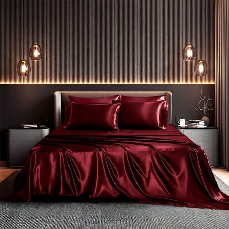 Seasonwood Satin King Size Sheets Set Burgund Soft 1800 Microfiber Sheet 4 Pieces 2 Pillowcase 20"x40"