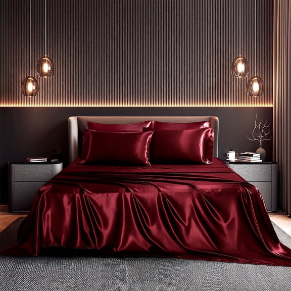 Seasonwood Satin Sheet Set, King, Silky Bed Sheets, 4 Pieces,Burgund