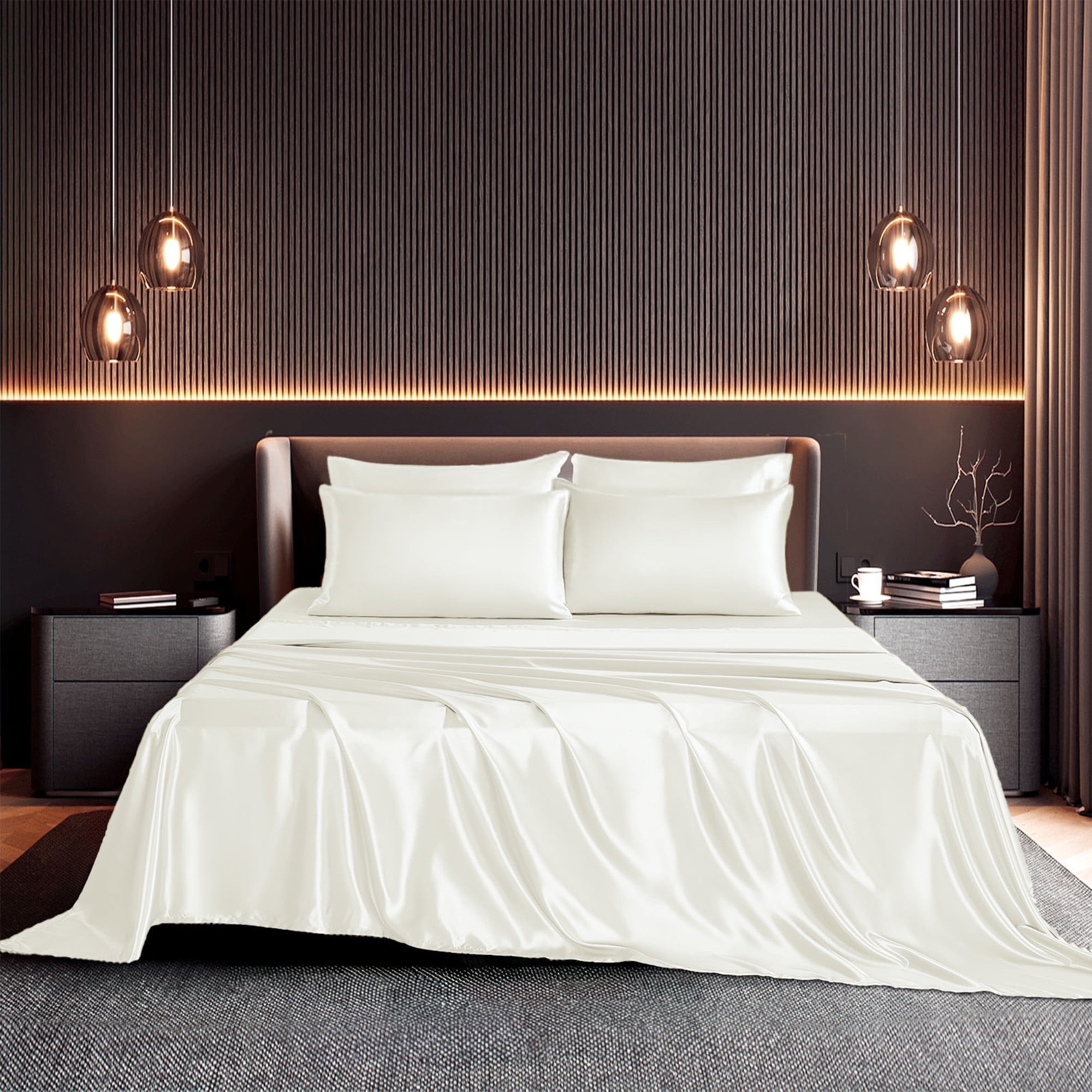 Seasonwood Satin King Size Sheets Set Ivory Soft 1800 Microfiber Sheet 4 Pieces 2 Pillowcase 20"x40"