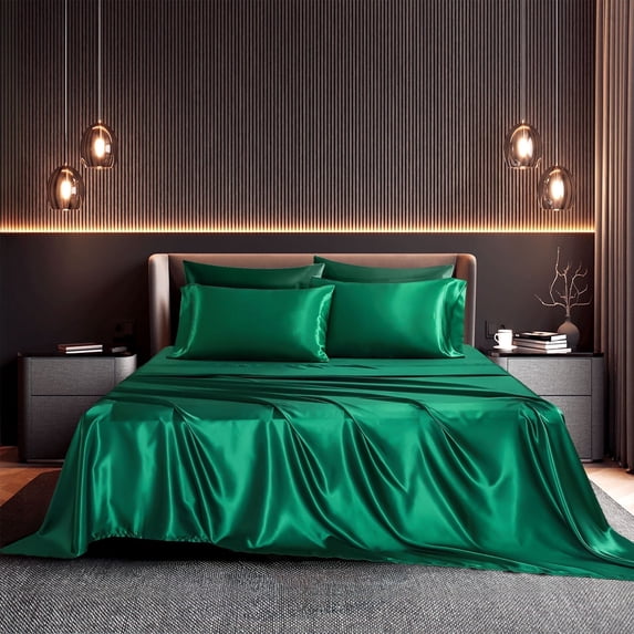 Seasonwood Satin Sheets,Full Size Silky Sheet Set,4 Pieces,Green