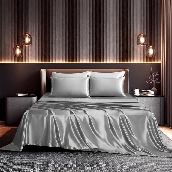 Seasonwood Satin Sheet Set, Twin, Silky Bed Sheets, 3 Pieces,Gray