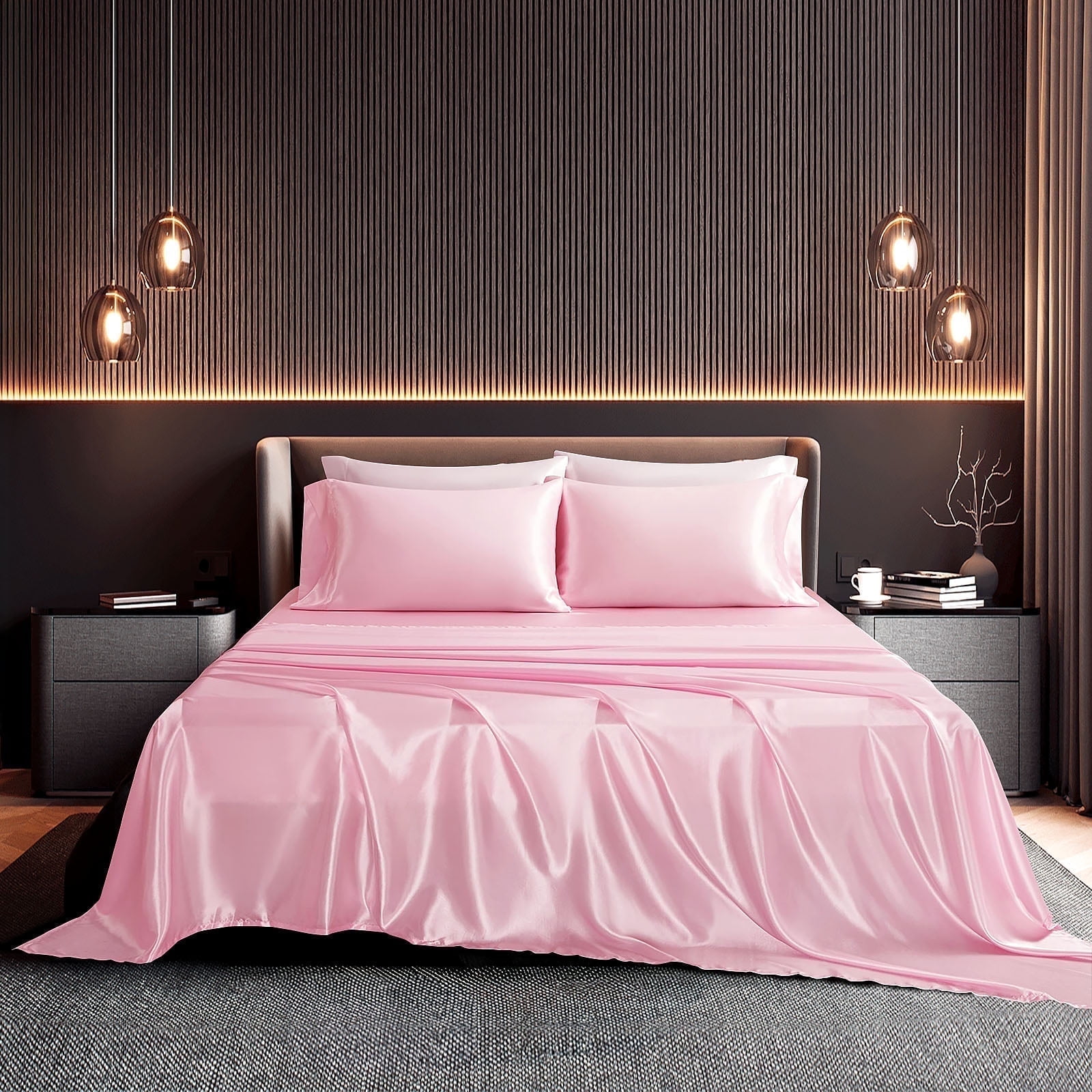 Seasonwood Satin Sheets King Size 4 Pieces Pink Bed Set with 2 ...