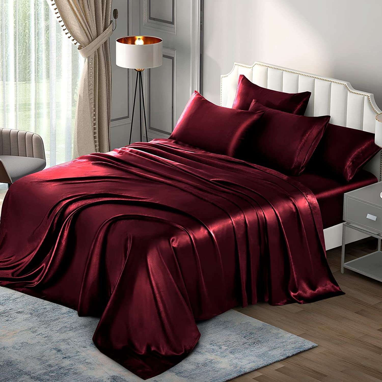Seasonwood Satin Sheets Queen Satin Sheets Burgund 1800 Microfiber 4pcs with 2 Pillowcase