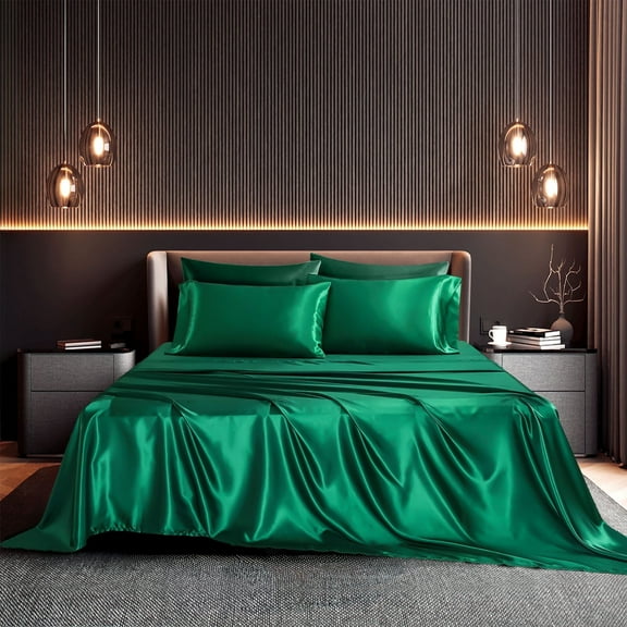Seasonwood Satin Sheets Set Queen Size 4 Pieces 1800 Microfiber 2 Pillowcase 20''x30'' Green Satin Sheets