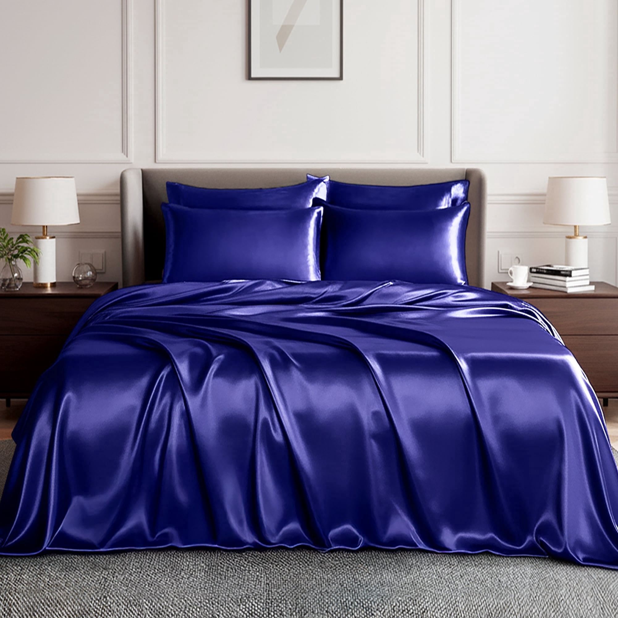 Seasonwood Twin Size Sheet Set Satin Sheets Navy Blue Microfiber Silk ...