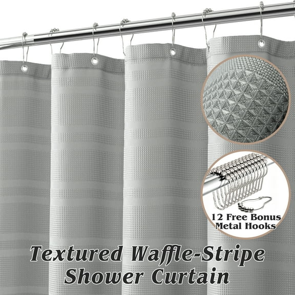 Seasonwood Waffle Shower Curtain Striped Fabric Gray Shower Curtains for Bathroom with 12 Hooks,72Wx72H