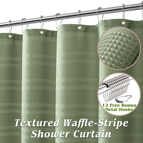 Seasonwood Waffle Shower Curtain Striped Fabric Shower Curtains for Bathroom with 12 Hooks,Green 72Wx72H