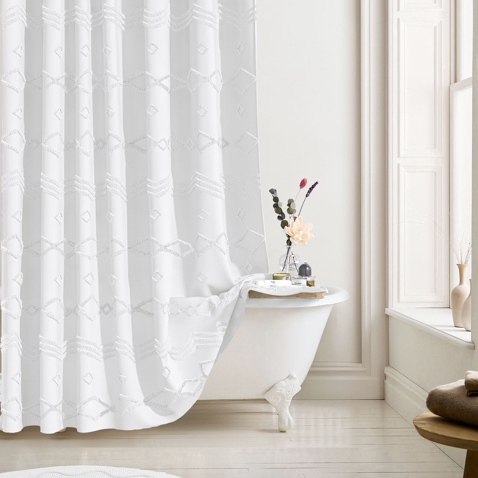 "White Chic Polyester Boho Shower Curtain, Modern Farmhouse Style ...