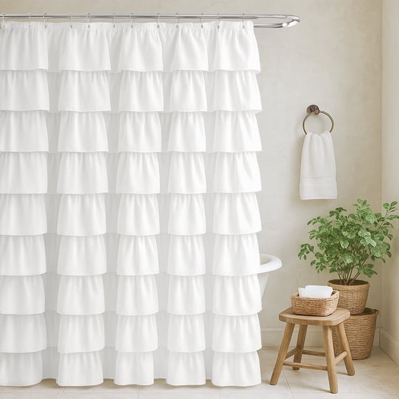 Seasonwood White Ruffle Shower Curtain,Farmhouse Style Fabric Bathroom Curtain,36" x 72"