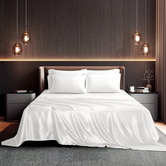 Seasonwood White Sheets Queen Size Soft 1800 Microfiber Satin Sheet Set 4 Pieces 2 Pillowcase 20"x30"