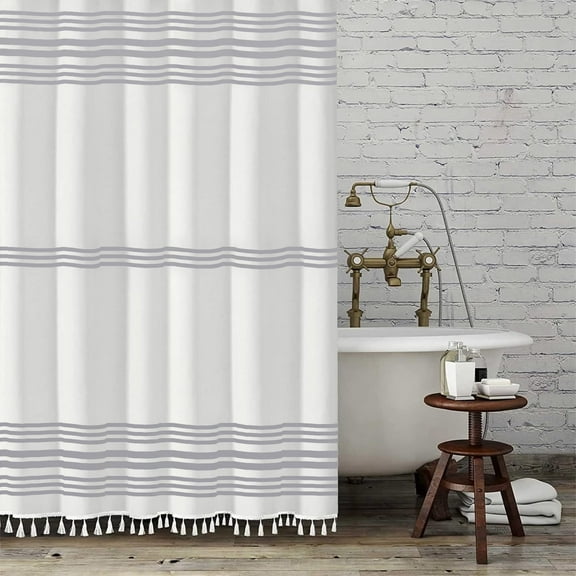 Seasonwood White Shower Curtain with Gray Striped Boho Microfiber Shower Curtain 72'' x72''