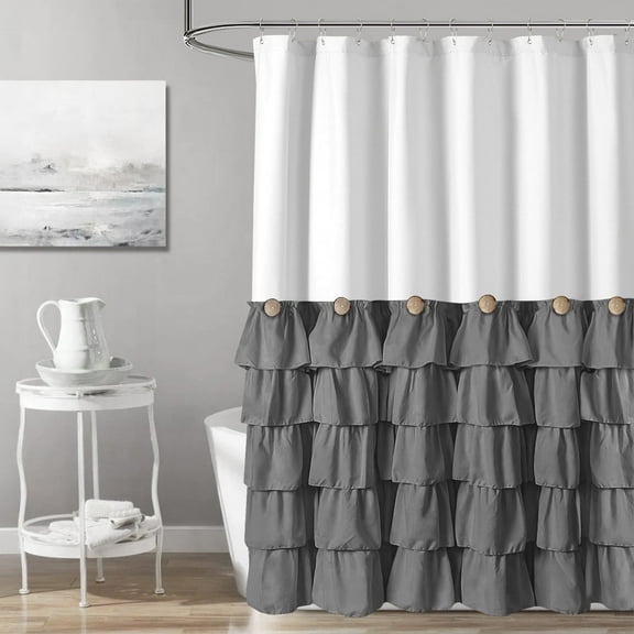 Seasonwood White and Gray Farmhouse Shower Curtain with Vintage Buttons Gray Ruffle Shower Curtain 72" x 72"