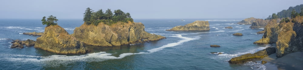 Seastacks and flagged trees seen from Thunder Cove on the Pacific Coast Brookings Curry County Oregon USA Canvas Art - Panoramic Images (27 x 9)