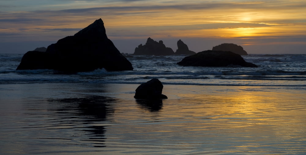 Seastacks at low tide sunset Bandon Coos County Oregon USA Canvas Art - Panoramic Images (9 x 27)