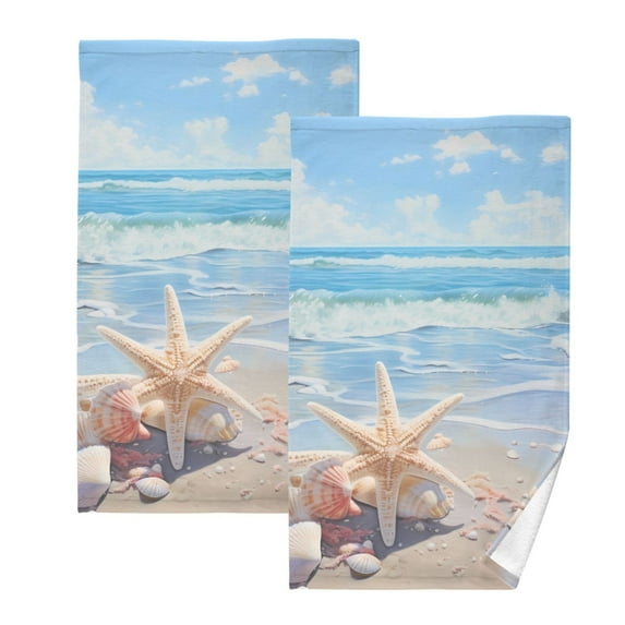 Seastar Seashells Summer Beach Cotton Face Towels Sets Absorbent Hand Towel 2 PCs Soft Towel for Bathroom Kitchen Hotel Decoration