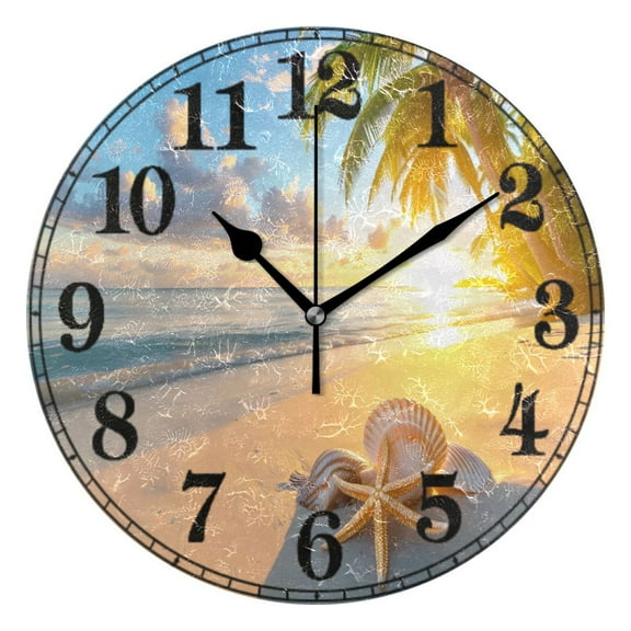 Seastar Seashells on Beach Sunset 10" Silent Wall Clock Non-Ticking Battery Clocks