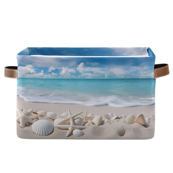 Seastars Seashells on Beach Storage Basket Large Bin Laundry Boxes Toys Foldable Home Organizer Bag 14.2x10.2x8.3 Inches 1 PC
