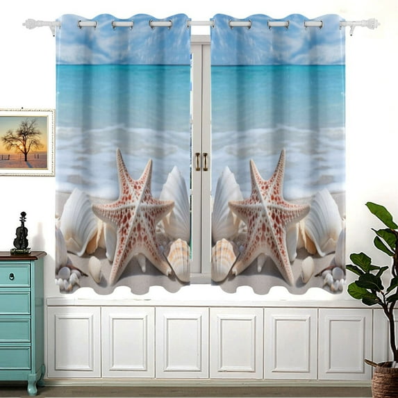 Seastars on Beach Blackout Curtains Window Grommet Insulated Curtain Bedroom Living Room 54"x55" 2 Panels