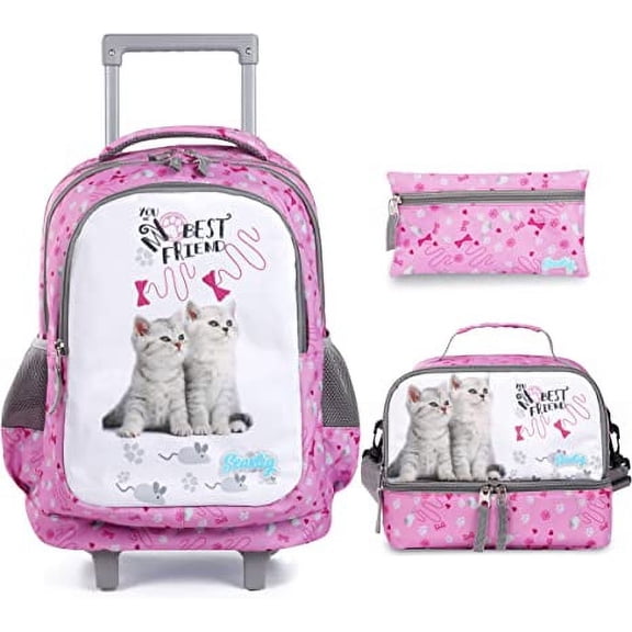 Seastig Kids Foldable Rolling Backpack with Lunch Bag and Pencil Case, Pink