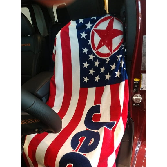Seat Armour Part Compatible with Jeep - Towel2Go Seat Cover with Jeep American Flag Logo Red White Blue - 100percent Cotton, T2G100RWBJ