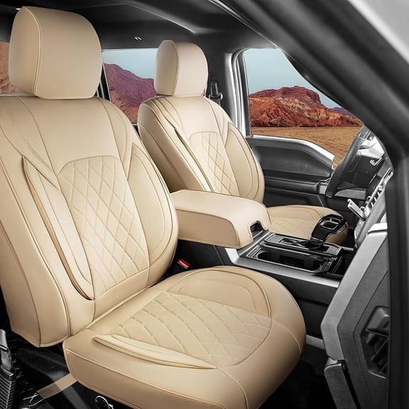 Seat Covers for 2009-2025 Ford F150 SuperCrew & 2017-2025 F250/F350/F450 Super Duty Crew Cab Pickup XL XLT Lariat King Ranch | Custom-Fit Front Seat Covers(Beige)