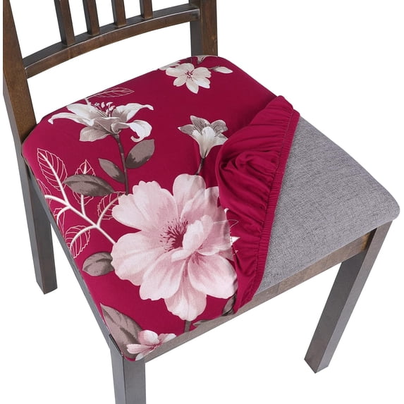 Seat Covers for Dining Room Chairs Stretch Printed Chair Seat Covers Set of 4, Removable Washable Upholstered Chair Seat Protector Cushion Slipcovers for Kitchen, Office(Red+Flowers)