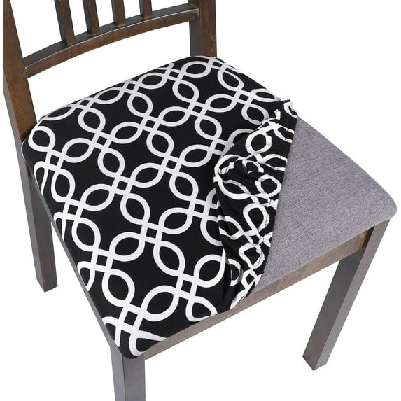 Seat Covers for Dining Room Chairs Stretch Printed Chair Seat Covers Set of 4, Removable Washable Upholstered Chair Seat Protector Cushion Slipcovers for Kitchen, Office(Black)