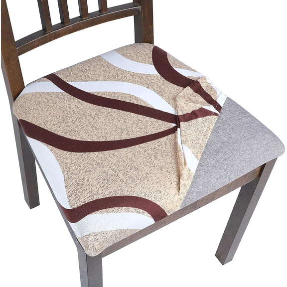 Seat Covers for Dining Room Chairs Stretch Printed Chair Seat Covers Set of 4, Removable Washable Upholstered Chair Seat Protector Cushion Slipcovers for Kitchen, Office(Beige)