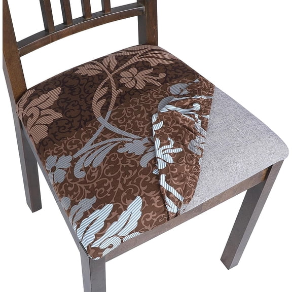 Seat Covers for Dining Room Chairs Stretch Printed Chair Seat Covers Set of 4, Removable Washable Upholstered Chair Seat Protector Cushion Slipcovers for Kitchen, Office(Brown+Flower)