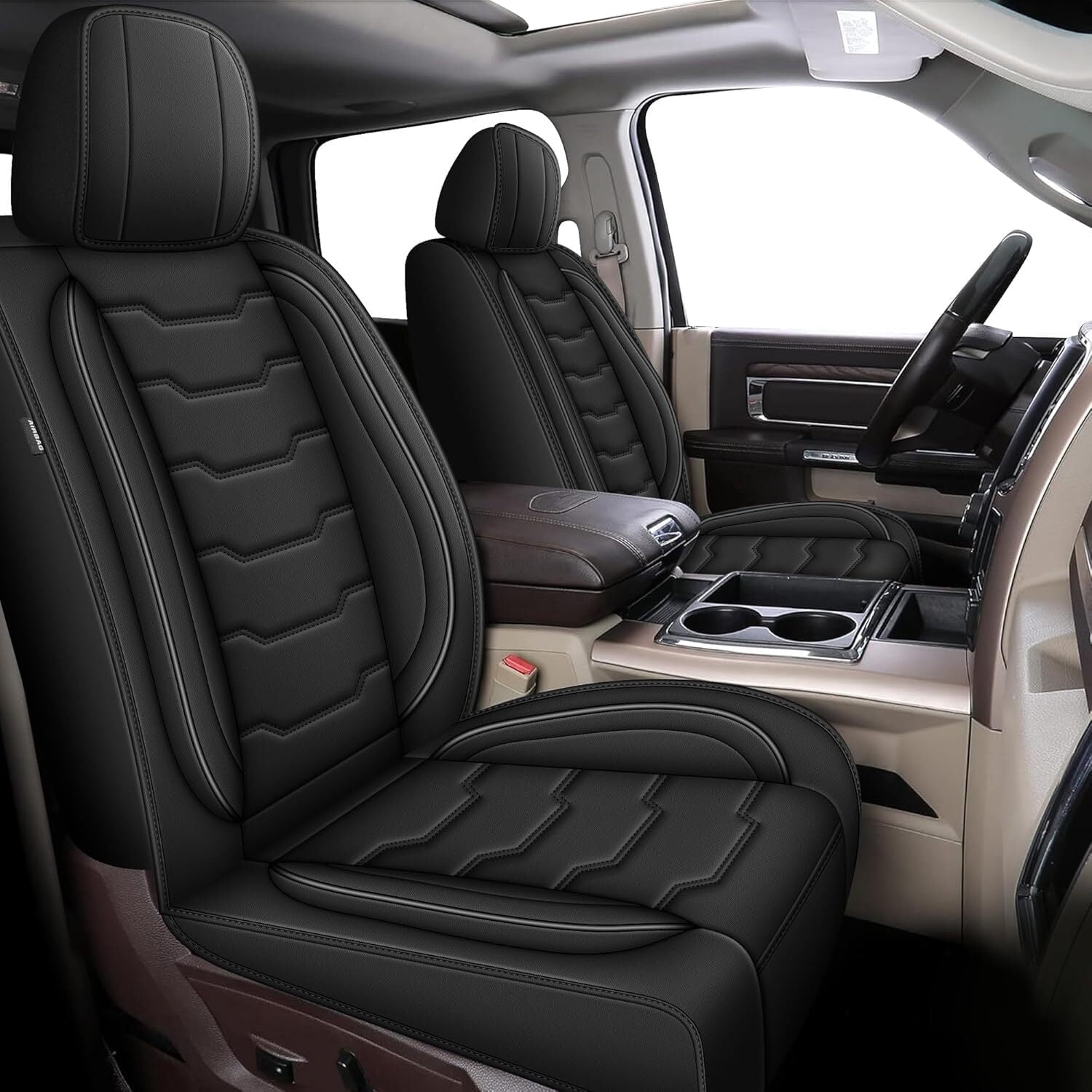 Custom Seat Covers Fit for Dodge RAM 2002-2024 2025 2026: Leather Car Seat Covers Waterproof for RAM 1500 2500 3500 Truck Pickup Crew Quad Cab with Split Bench (Black, Full Set Curved Back)