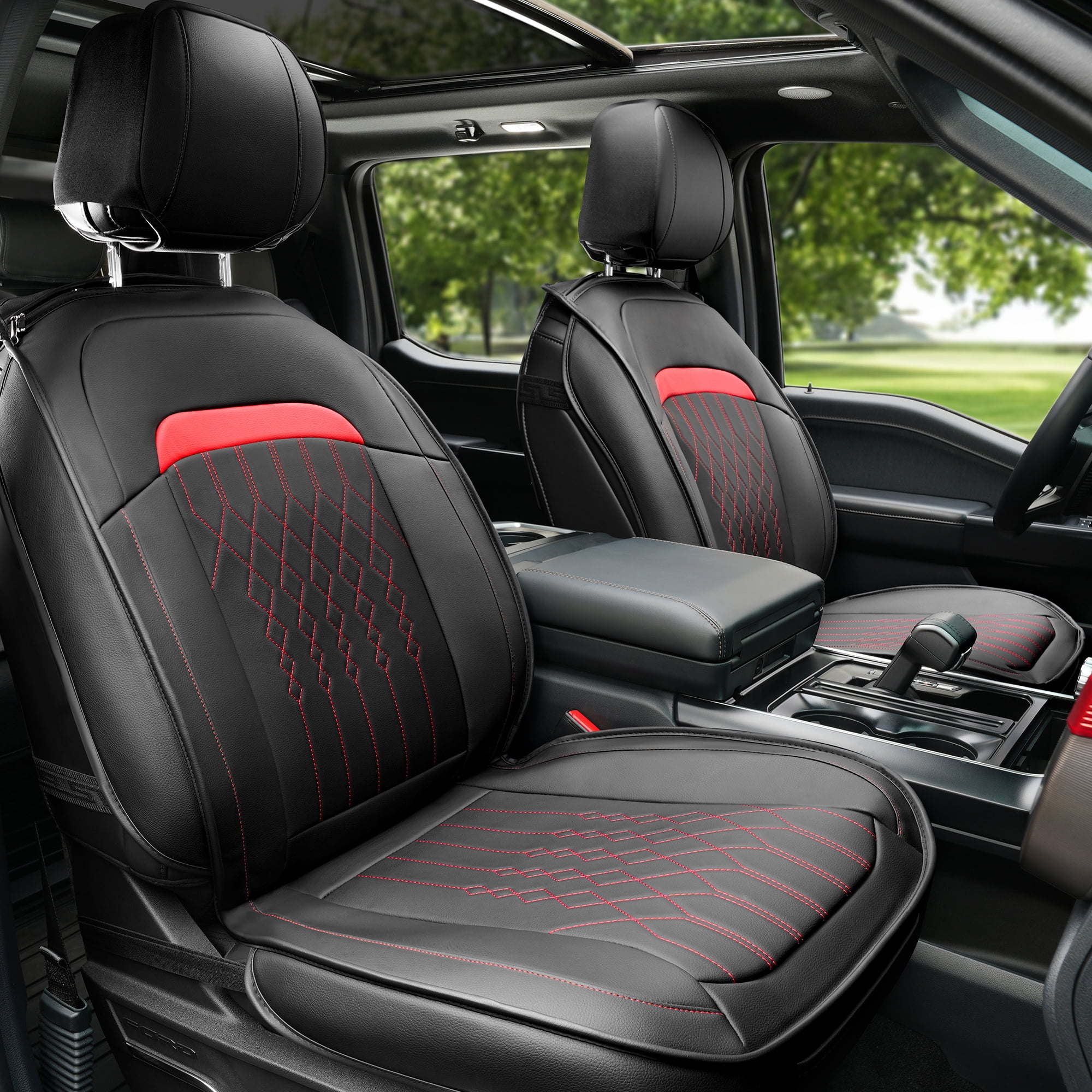 Seat Covers Full Set for Ford F150 2009-2025, 5 Seat Full Set Waterproof Seat Cushion, Anti-Slip, Breathable, Compatible with F250/F350/F450 2017-2025, (Black&Red)