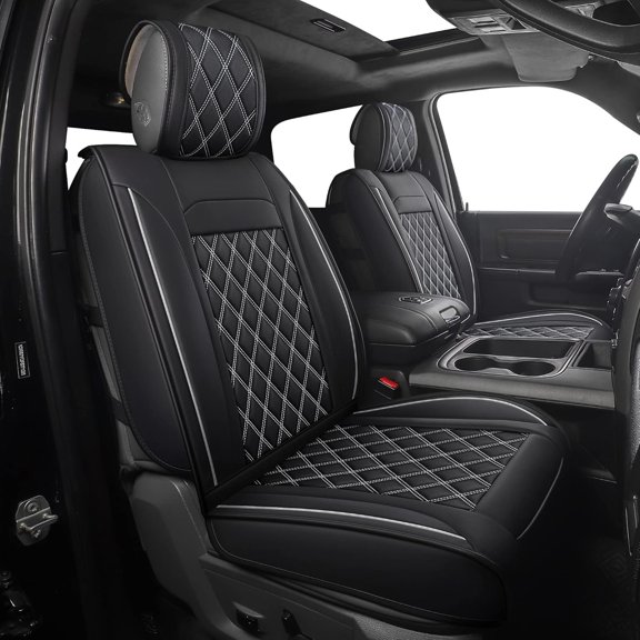 Seat Covers for  Ram,Fit 2009-2025 1500/2500/3500  Pick-up ,Crew,Regular,Quad,Mega Cab, Synthetic Leather Seat Covers(2PCS-Front,Black-White)