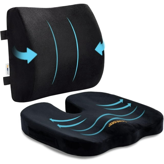 Seat Cushion And Lumbar Support Pillow For Office Chair, Memory Foam