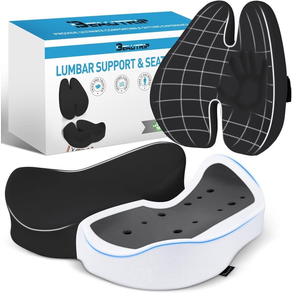 Seat Cushion & Lumbar Support Pillow for Office Chair, Car & Wheelchair - Ergonomic Coccyx Cushion for Tailbone, Sciatica & Back Pain Relief - Extra-Dense Charcoal Memory Foam Chair Cushions