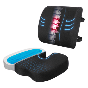 Seat Cushion and Lumbar Support Pillow for Office Chair, Car, Wheelchair, Gel Desk Chair Cushion and Memory Foam Back Support Pillows for Sciatica, Coccyx , Lower Back & Tailbone Pain Relief, Black