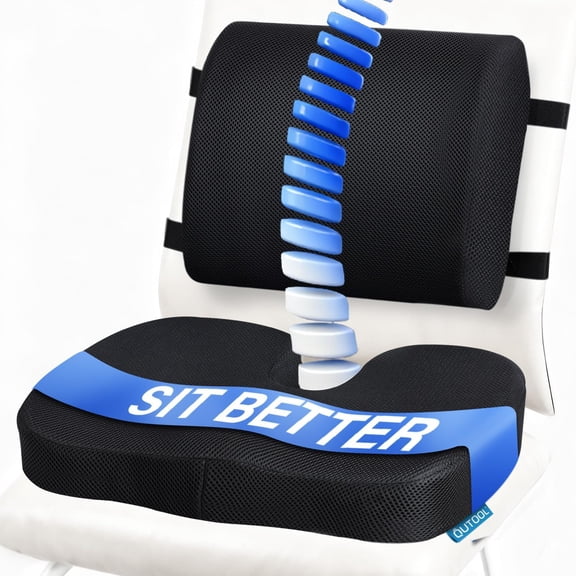 Seat Cushion & Lumbar Support Pillow for Office Chair, Car, Wheelchair Memory Foam Desk Chair Sciatica, Lower Back Tailbone Pain Relief Pad with Adjustable Strap 3D Washable Cover