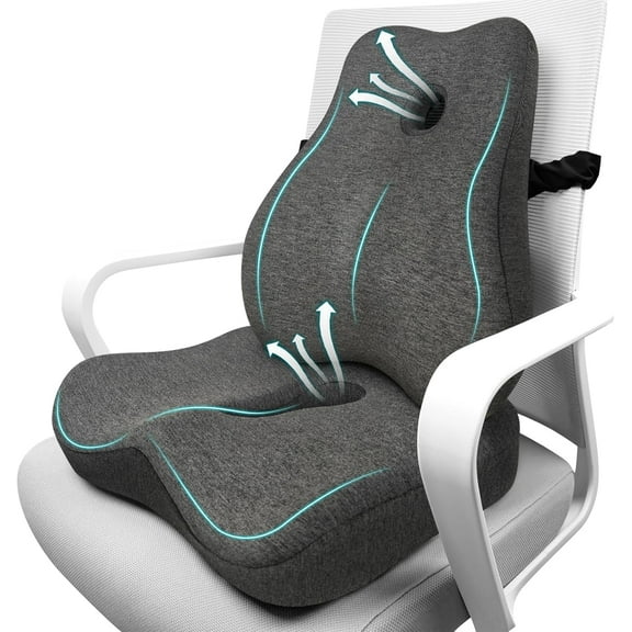 Seat Cushion & Lumbar Support Pillow Set for Office Chair, Ergonomic Pillow for Sciatica Pain Relief, Memory Foam Back Support Pillow & Chair Cushion for Car seat, Desk Chair (Grey)
