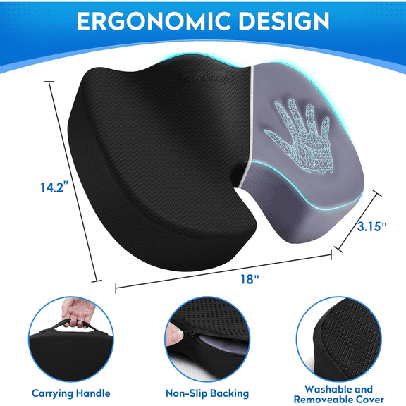 Seat Cushion for Office Chair, Car Seat, Airplane, Bleacher & Wheelchair, Ergonomic Memory Foam, Non-Slip Chair Pad, Office Desk Accessories for Back/Tailbone/Sciatica Pain Relief (Black)