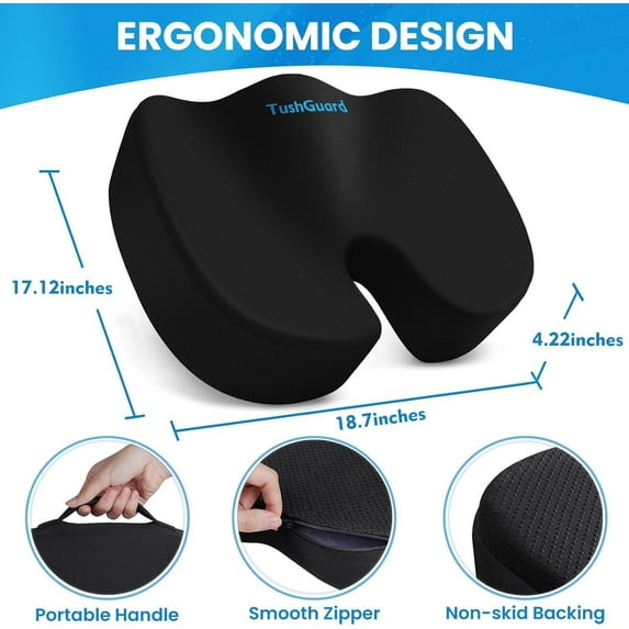 Seat Cushion, Office Chair Cushions, Car Seat Cushion, Non-Slip Sciatica & Back Coccyx Tailbone Pain Relief Chair Pad, Memory Foam Butt Pillow for Computer Desk, Office Chair(Black, XXL)