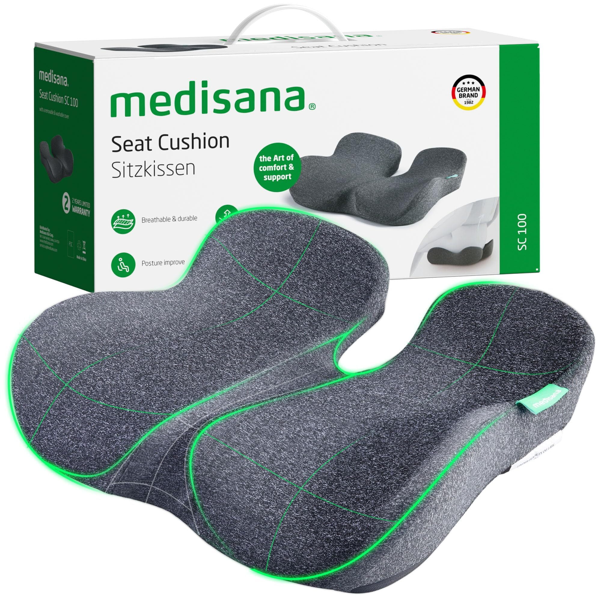 Medisana Memory Foam Seat Cushions for Office Chairs, Car Seat, Wheelchair - Sciatica & Tailbone & Coccyx Pain Relief Pillow for Driver